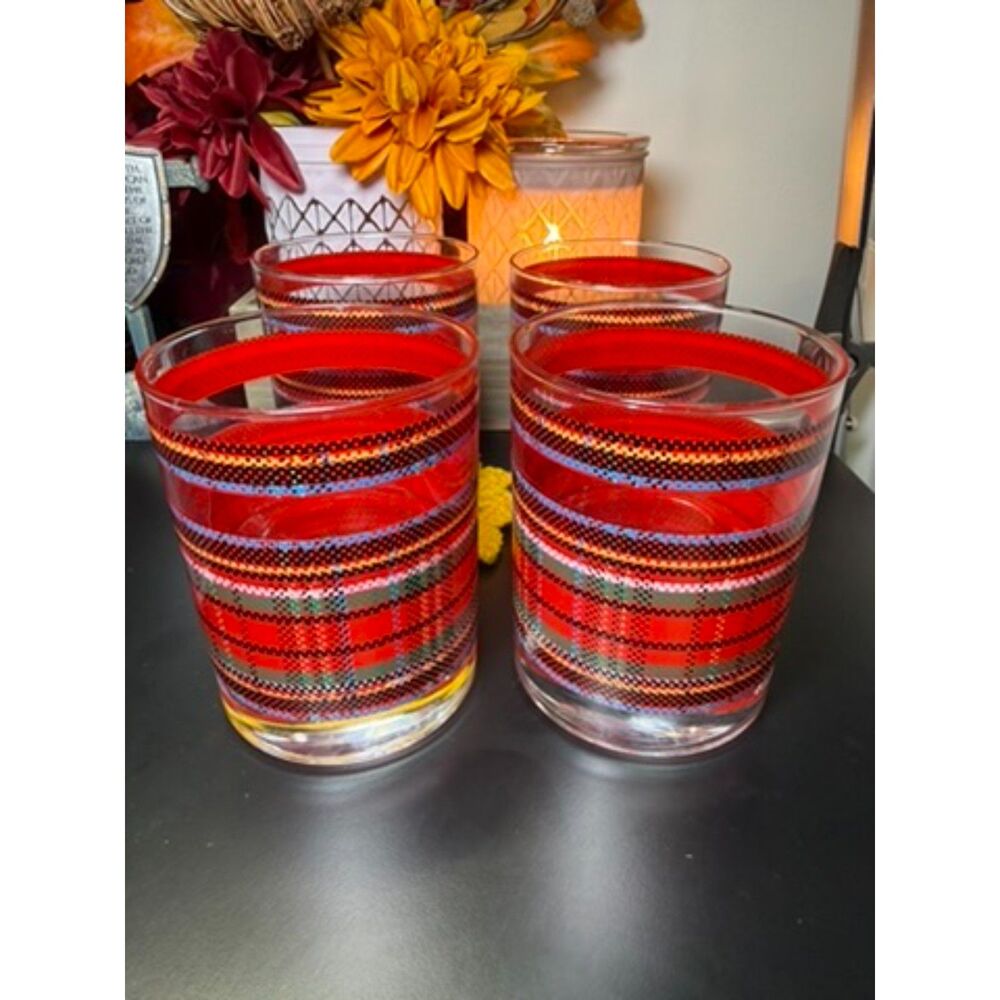Set of 4 Vintage Georges Briard Plaid Tartan Rocks Glasses EUC